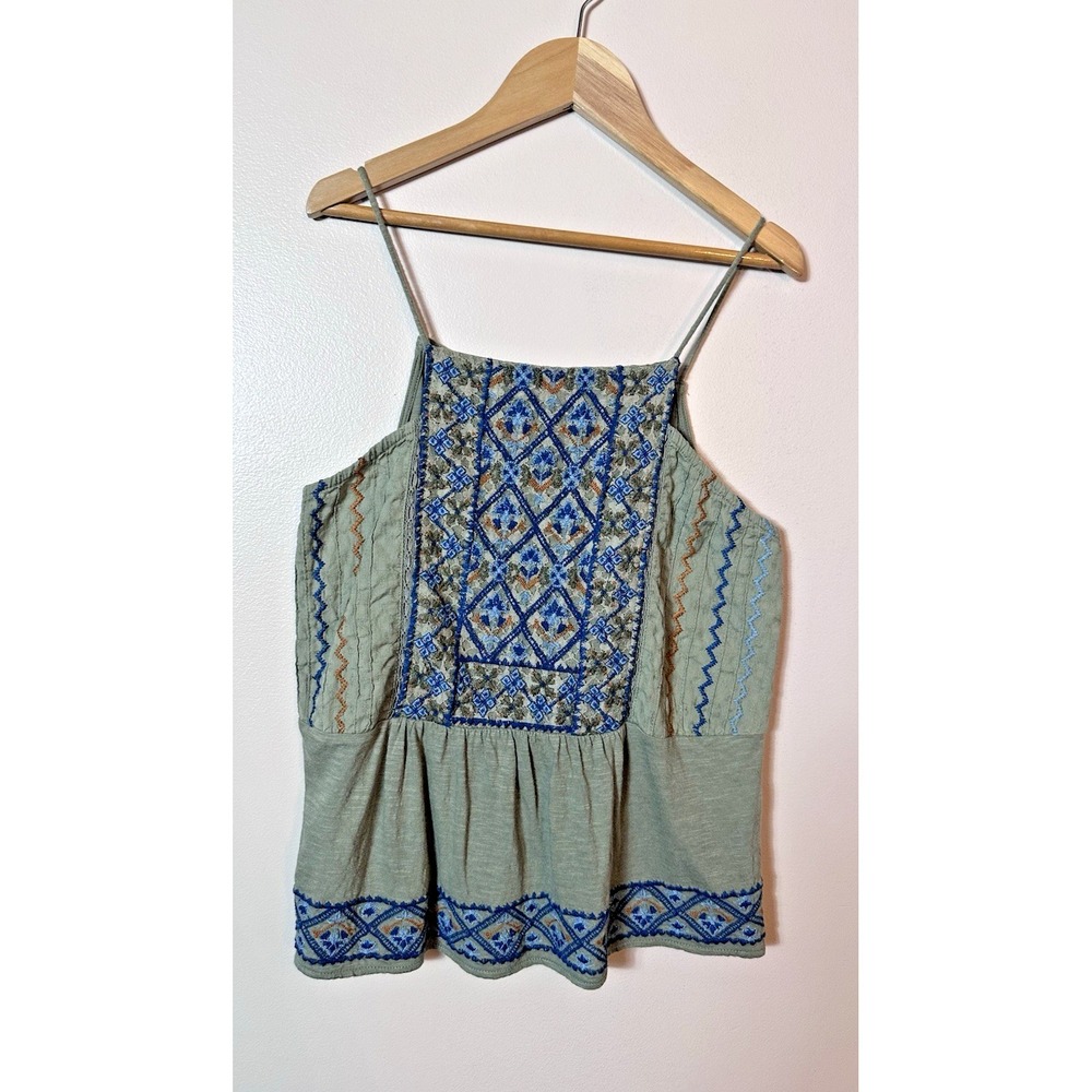 Lucky Brand Top Womens Small Green Embroidered Peplum Cami Tank Boho Strap 90s S